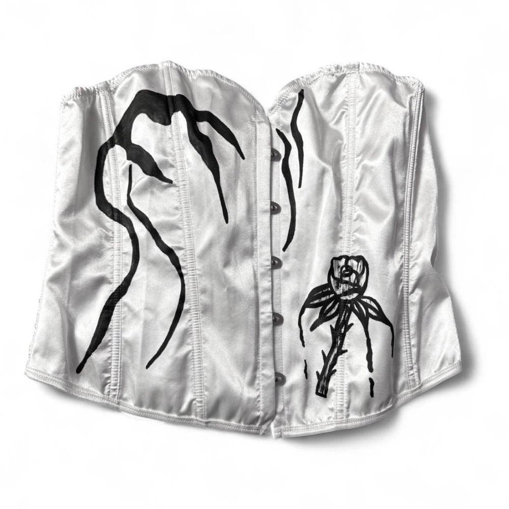 White Satin Corset Top with Black Hand-painted Art